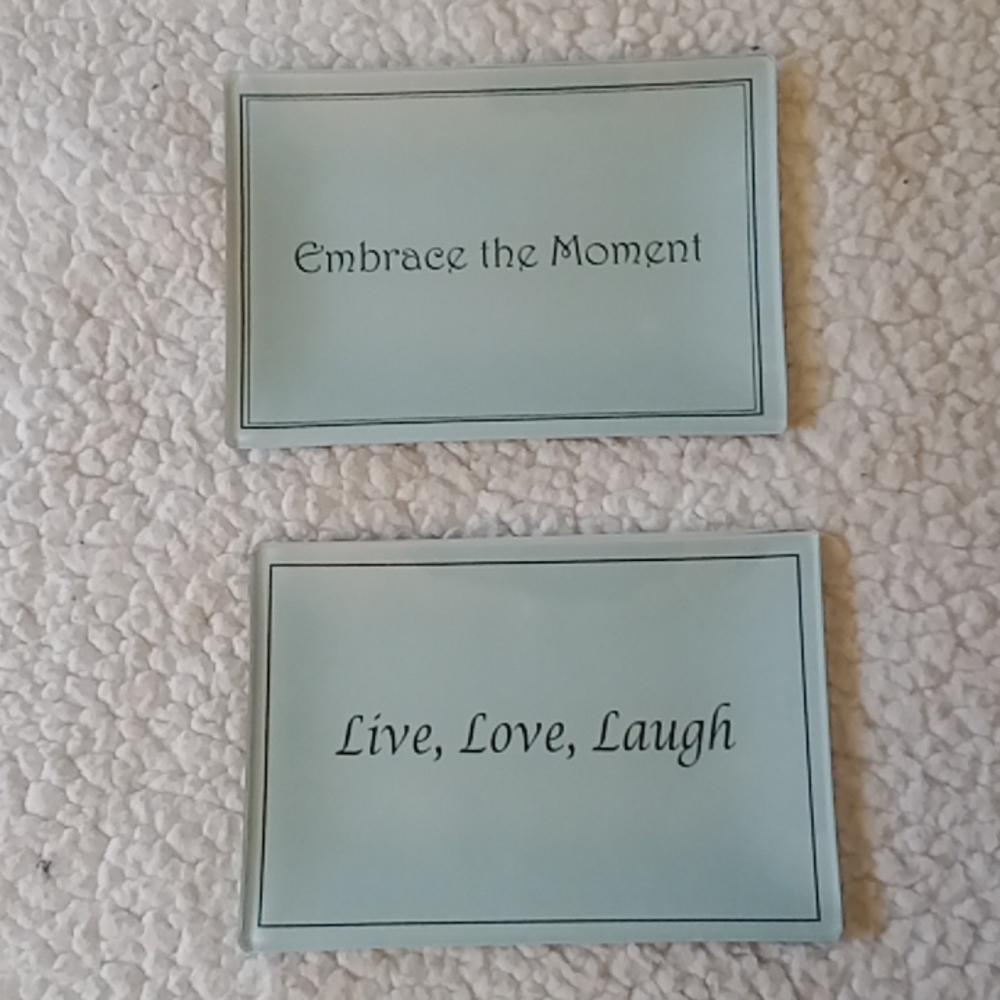 2 SMALL GLASS JEWELRY TRAYS LIVE LAUGH LOVE + EMBRACE THE MOMENT